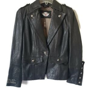 Harley Davidson Womens Size S Jacket Tribal Cross Black Leather Blazer Collared